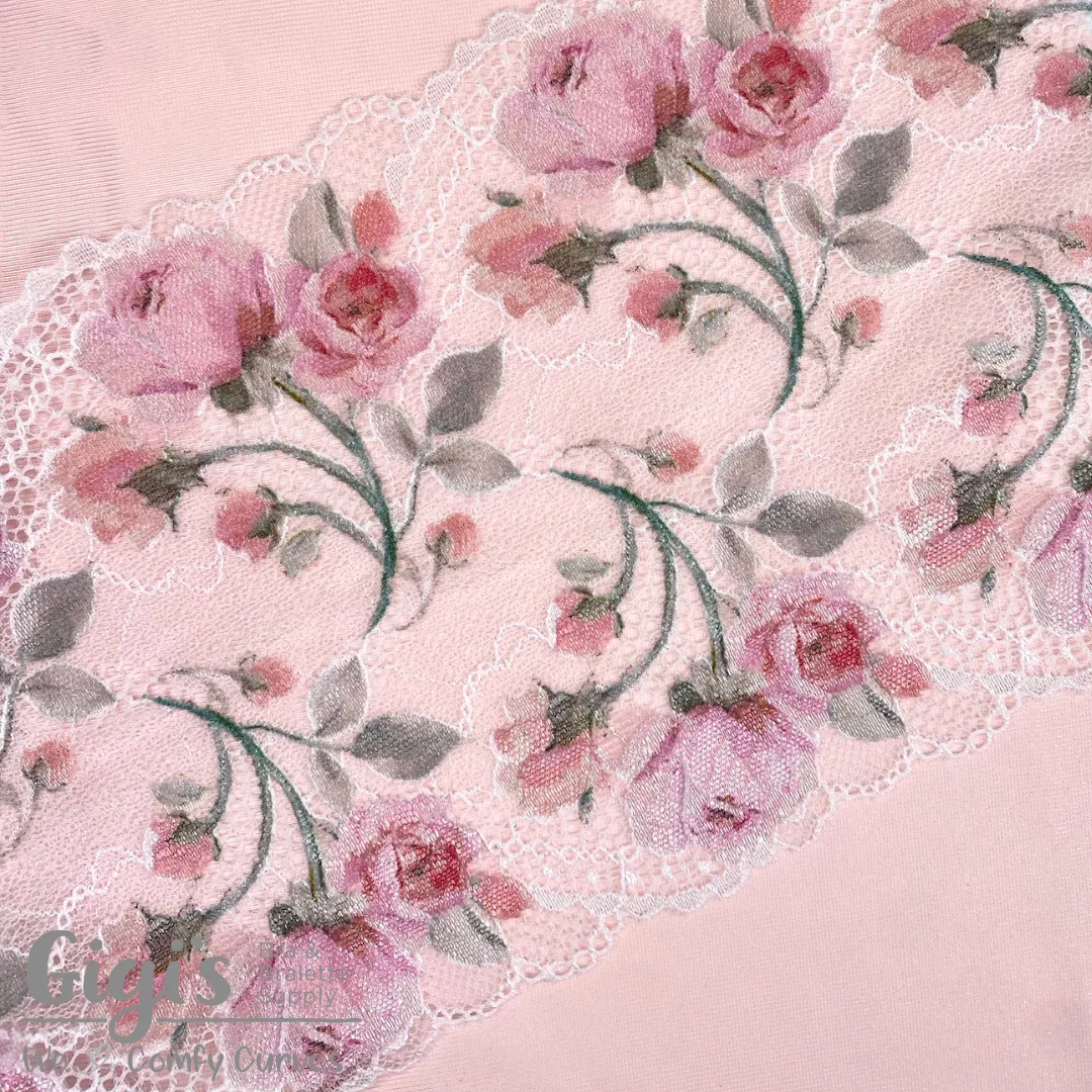 Lace, Stretch Lace, 6" Glossy Rose Garden Stretch Lace, 6 inch