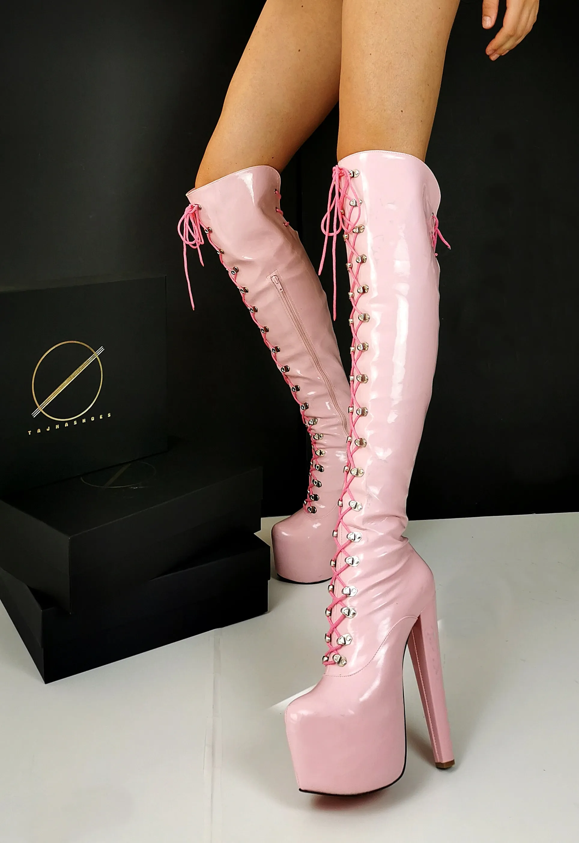 Light Pink Patent Military Style Lace Up Boots