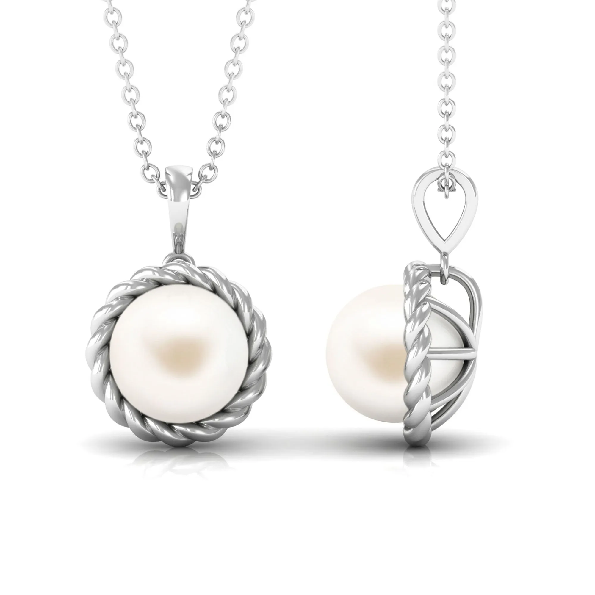 Solitaire White Pearl Pendant in Twisted Rope Frame